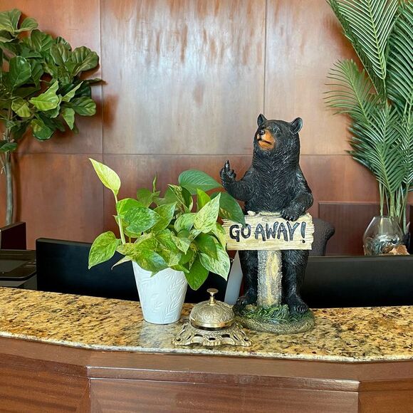 Rude Black Bear Statue with Go Away Sign 15 Resin Outdoor Garden Cabin Decor